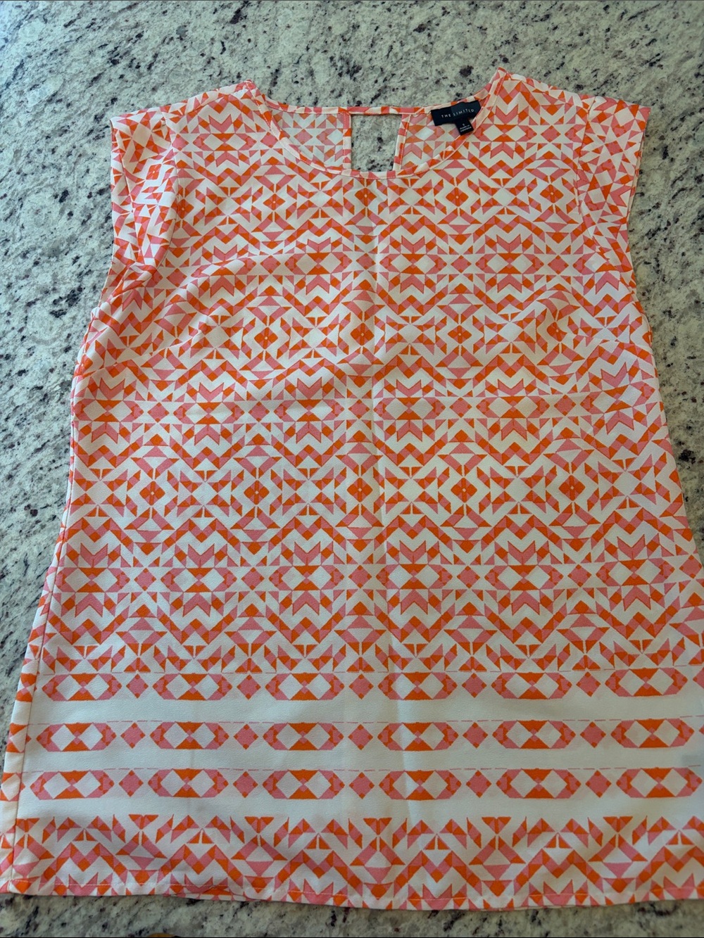 Ann Taylor Coral and Cream Geometric Cap-Sleeve Shell